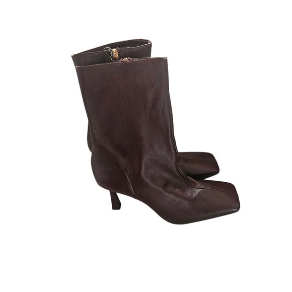NEW Zara Women's Burgundy Leather Boots Square Toe Size EU 42 US 11 - Picture 2 of 9